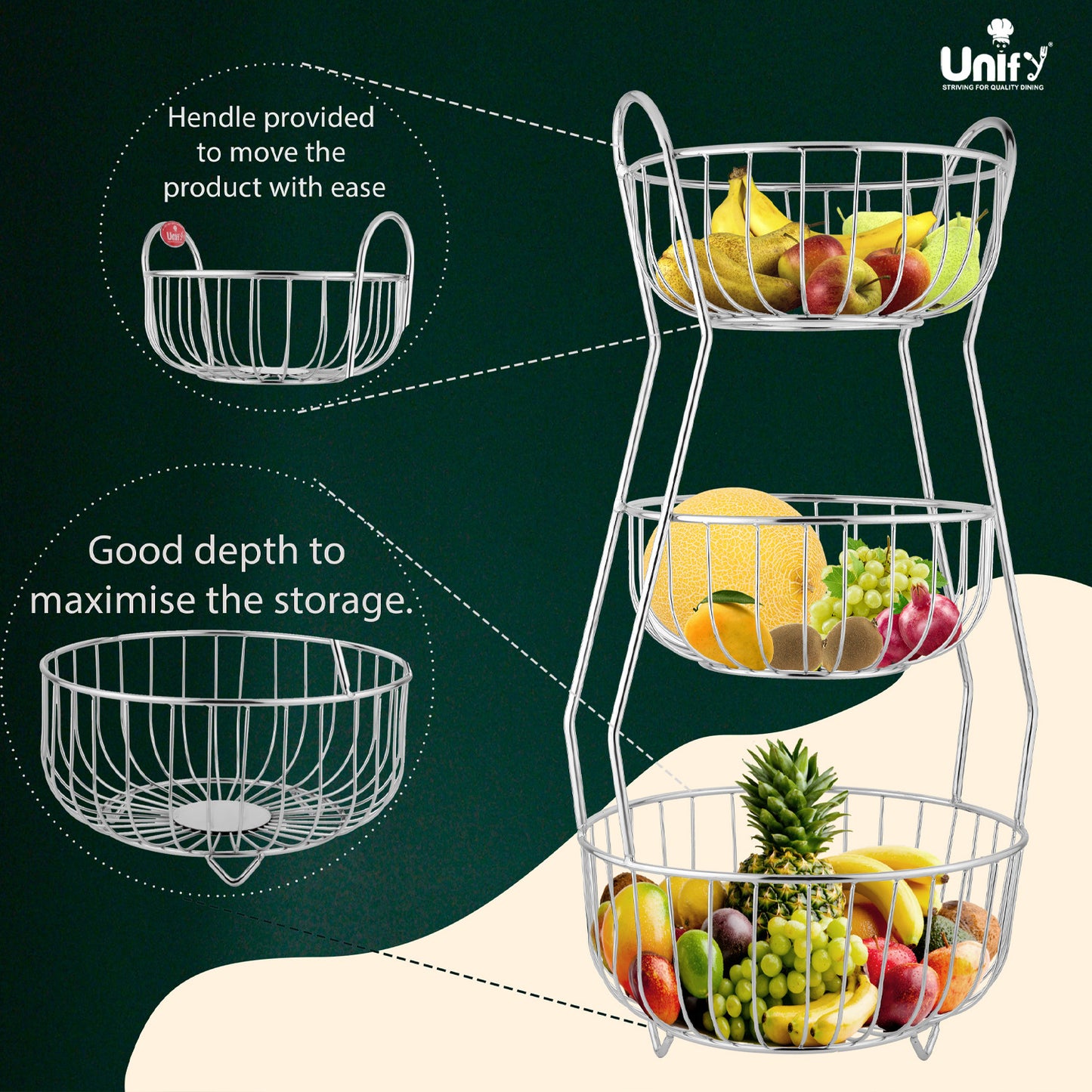 3-Tier Stainless Steel Fruit Basket - Round, Kitchen & Dining Table Stand