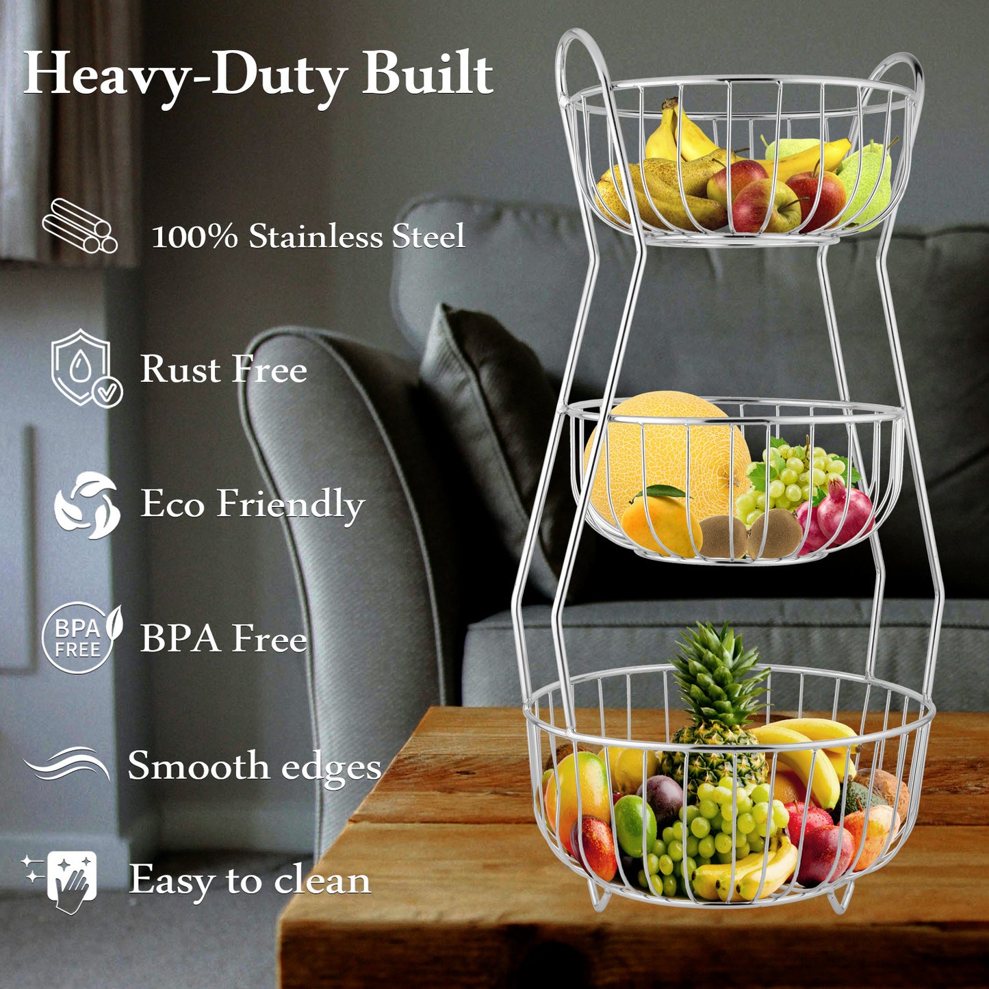 3-Tier Stainless Steel Fruit Basket - Round, Kitchen & Dining Table Stand