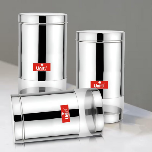 3-Piece Stainless Steel Container Set | 900ML Airtight Jars for Home & Kitchen - Ideal for Spices, Food Grains, Nuts, Glossy Finish