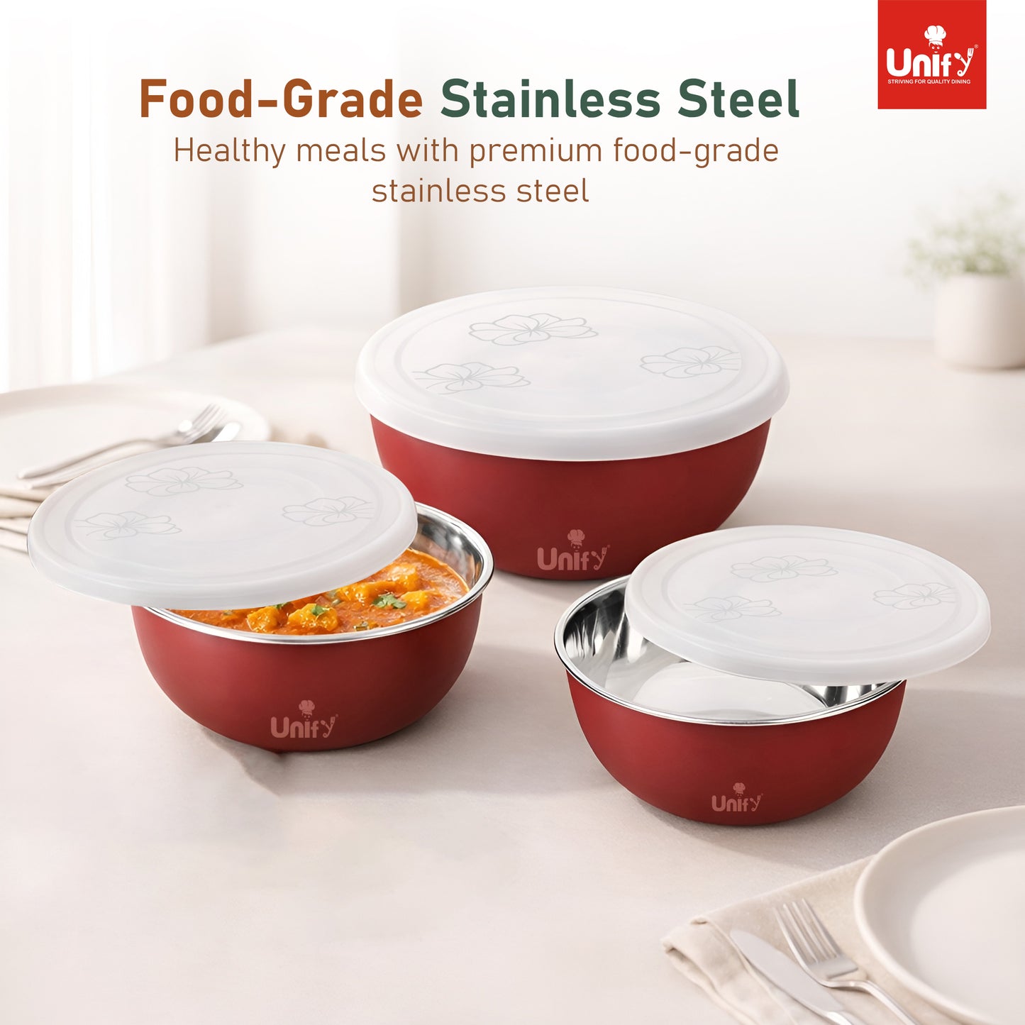3 Pieces Stainless Steel Bowl Set with Lid (1100ml, 750ml, 550ml) | Food Grade Steel Mixing & Storage Bowls | Multipurpose Kitchen Container for Dal, Sabzi, Curd & Leftovers