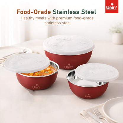 3 Pieces Stainless Steel Bowl Set with Lid (1100ml, 750ml, 550ml) | Food Grade Steel Mixing & Storage Bowls | Multipurpose Kitchen Container for Dal, Sabzi, Curd & Leftovers