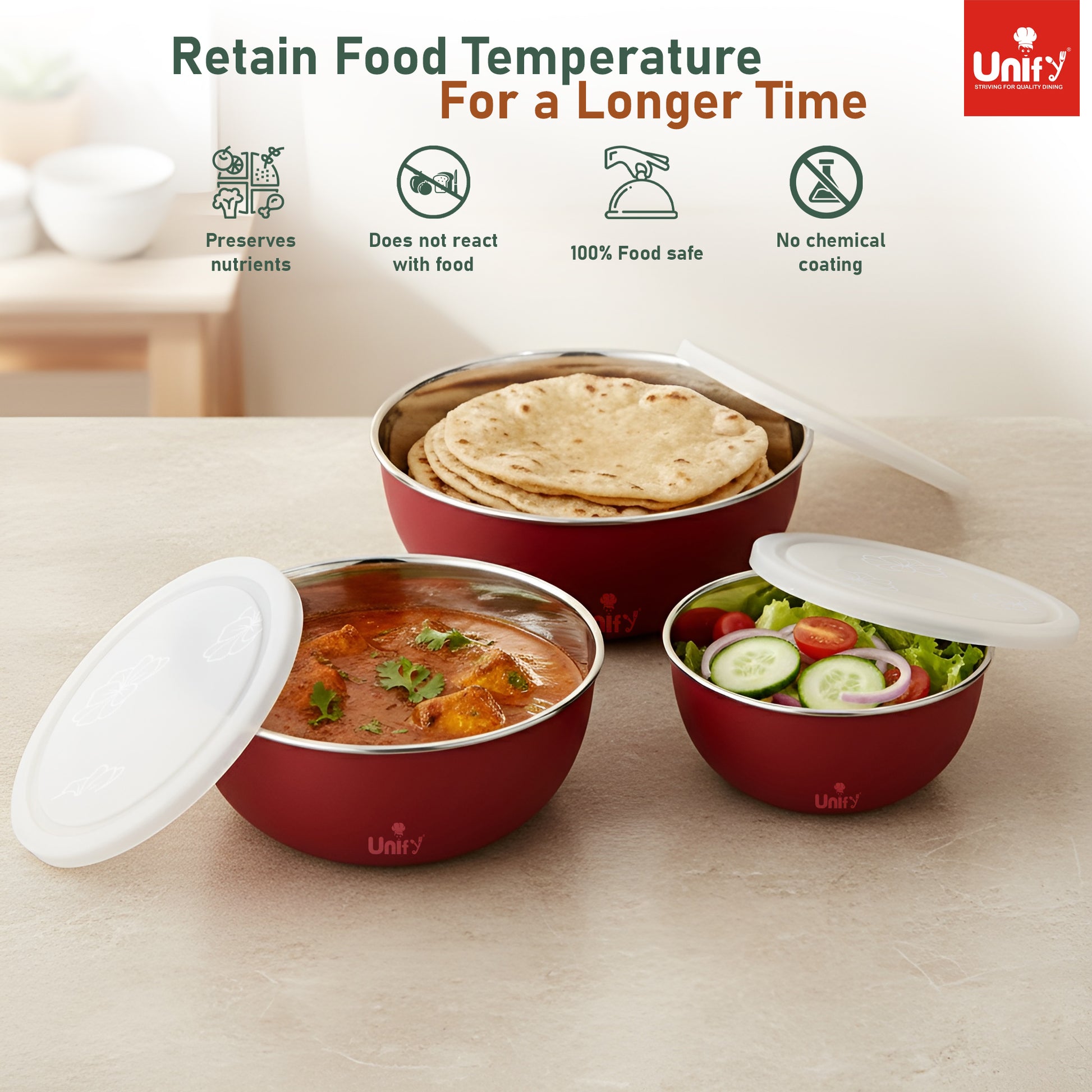 3 Pieces Stainless Steel Bowl Set with Lid (1100ml, 750ml, 550ml) | Food Grade Steel Mixing & Storage Bowls | Multipurpose Kitchen Container for Dal, Sabzi, Curd & Leftovers