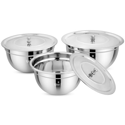 3 Pieces Stainless Steel Serving Bowl Set with Lid | Steel Serving, Storage & Mixing Bowls | Multipurpose Kitchen Prep Bowl | Mirror Finish Container for Dining & Storage (Silver)