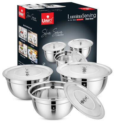 3 Pieces Stainless Steel Serving Bowl Set with Lid | Steel Serving, Storage & Mixing Bowls | Multipurpose Kitchen Prep Bowl | Mirror Finish Container for Dining & Storage (Silver)