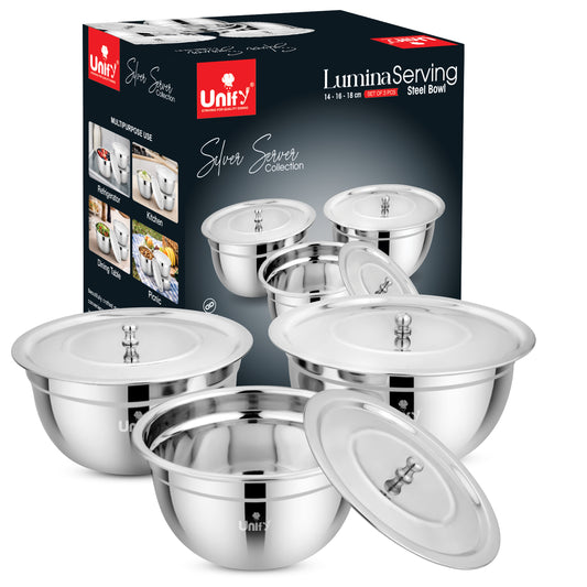3 Pieces Stainless Steel Serving Bowl Set with Lid | Steel Serving, Storage & Mixing Bowls | Multipurpose Kitchen Prep Bowl | Mirror Finish Container for Dining & Storage (Silver)