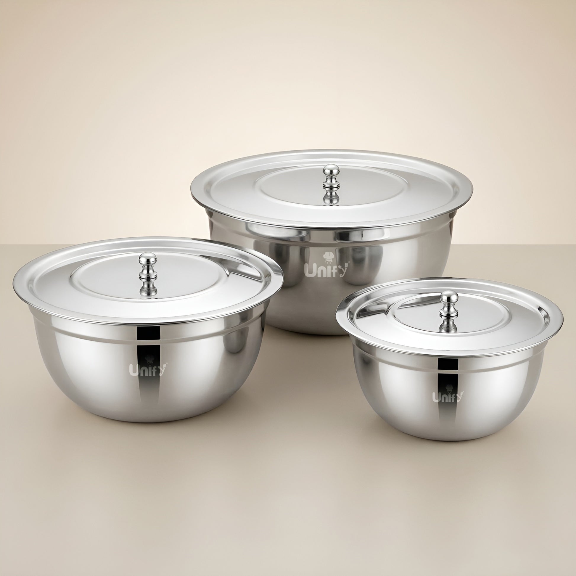 3 Pieces Stainless Steel Serving Bowl Set with Lid | Steel Serving, Storage & Mixing Bowls | Multipurpose Kitchen Prep Bowl | Mirror Finish Container for Dining & Storage (Silver)