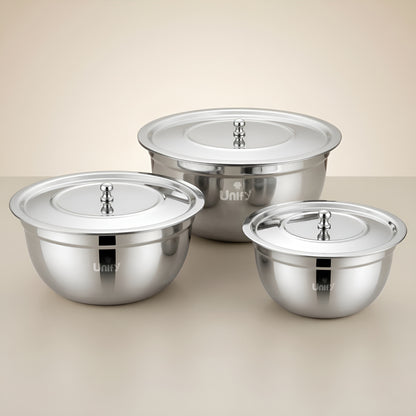 3 Pieces Stainless Steel Serving Bowl Set with Lid | Steel Serving, Storage & Mixing Bowls | Multipurpose Kitchen Prep Bowl | Mirror Finish Container for Dining & Storage (Silver)
