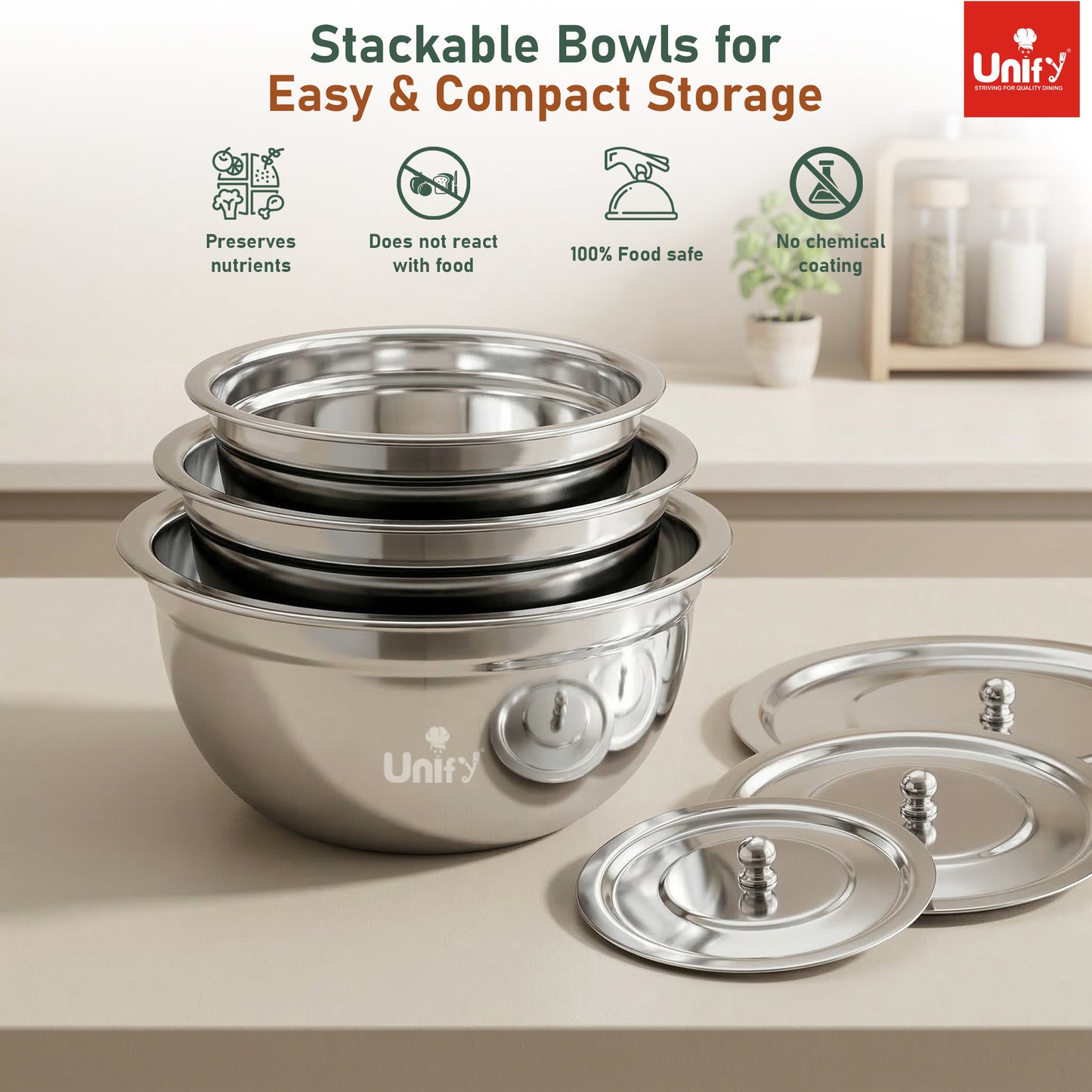 3 Pieces Stainless Steel Serving Bowl Set with Lid | Steel Serving, Storage & Mixing Bowls | Multipurpose Kitchen Prep Bowl | Mirror Finish Container for Dining & Storage (Silver)