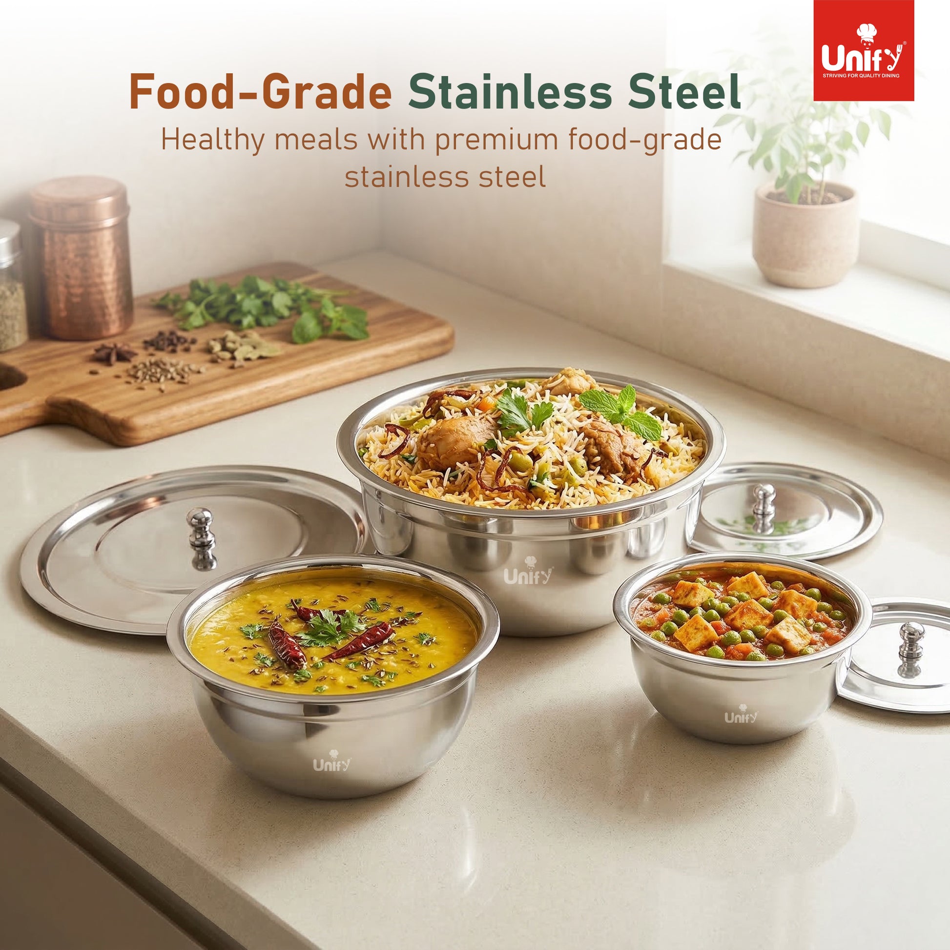 3 Pieces Stainless Steel Serving Bowl Set with Lid | Steel Serving, Storage & Mixing Bowls | Multipurpose Kitchen Prep Bowl | Mirror Finish Container for Dining & Storage (Silver)