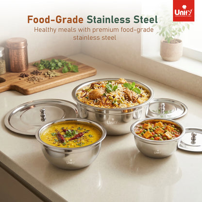 3 Pieces Stainless Steel Serving Bowl Set with Lid | Steel Serving, Storage & Mixing Bowls | Multipurpose Kitchen Prep Bowl | Mirror Finish Container for Dining & Storage (Silver)