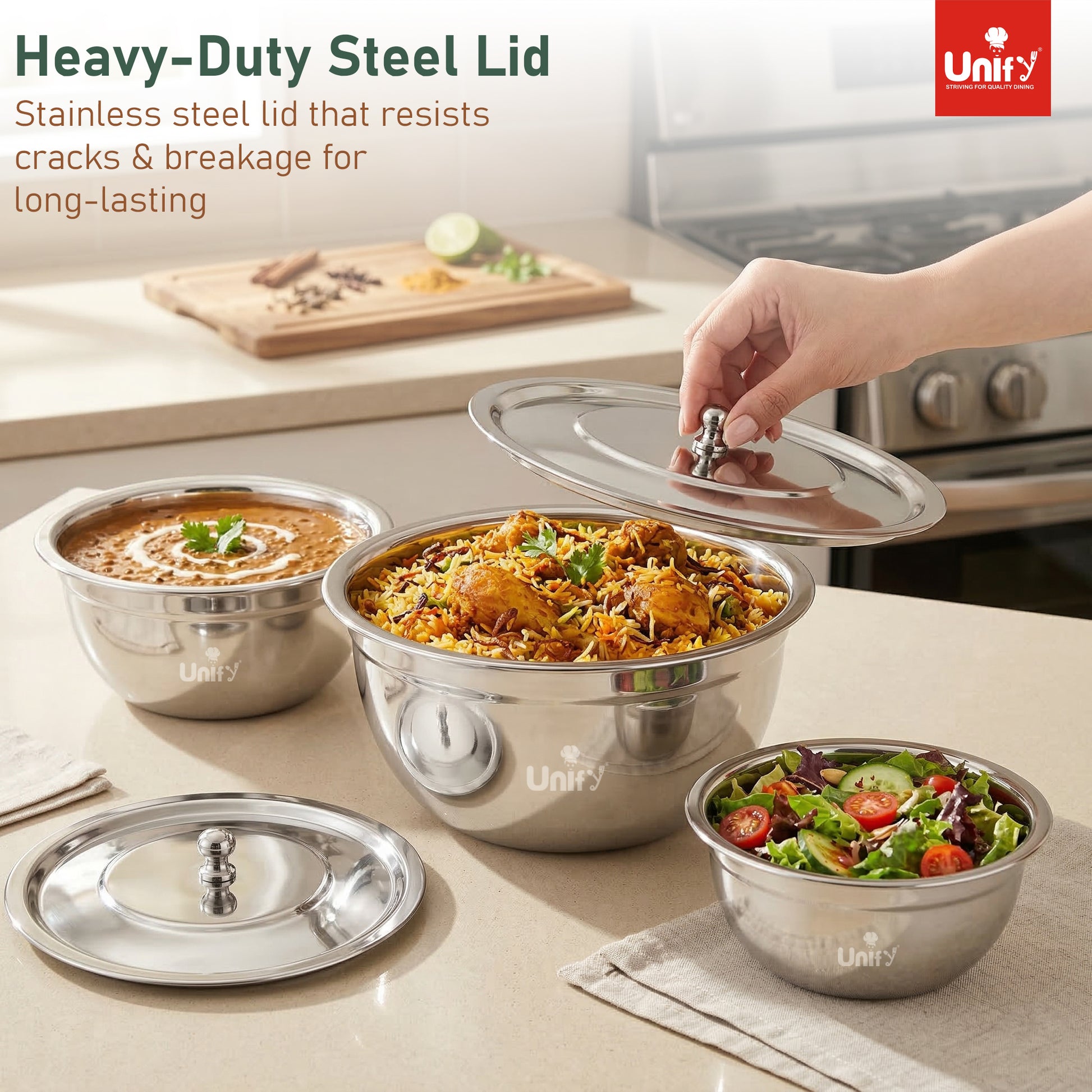 3 Pieces Stainless Steel Serving Bowl Set with Lid | Steel Serving, Storage & Mixing Bowls | Multipurpose Kitchen Prep Bowl | Mirror Finish Container for Dining & Storage (Silver)