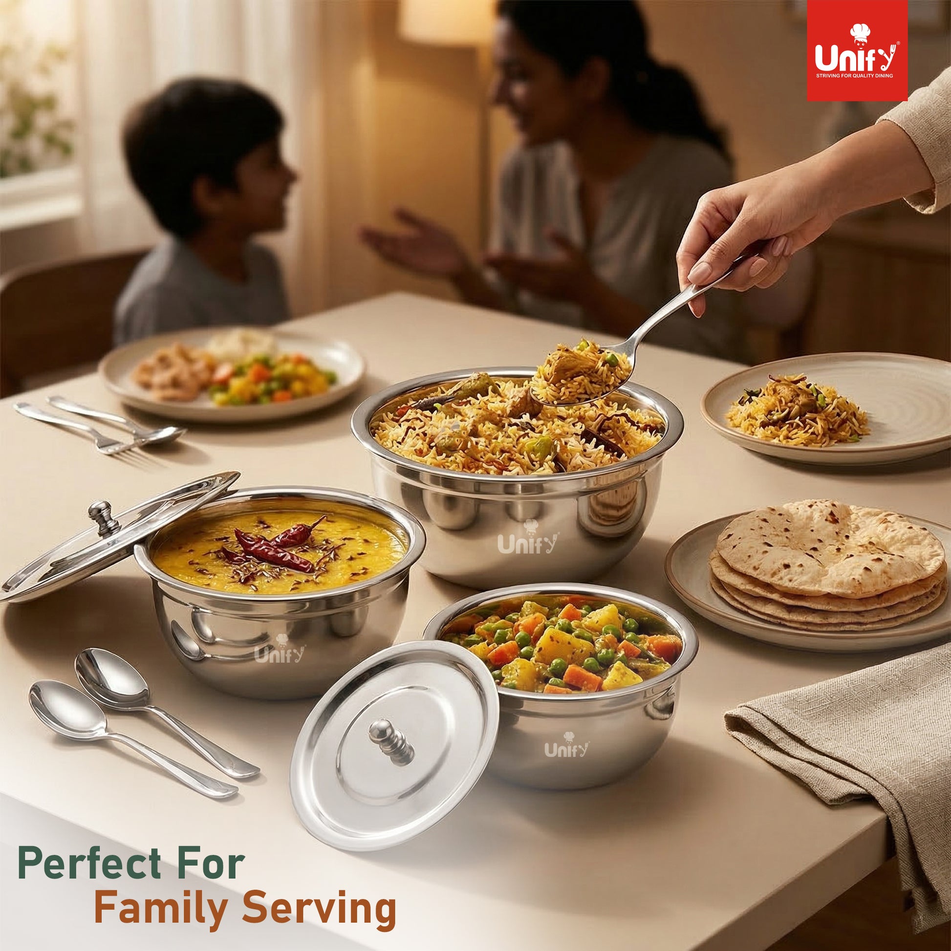 3 Pieces Stainless Steel Serving Bowl Set with Lid | Steel Serving, Storage & Mixing Bowls | Multipurpose Kitchen Prep Bowl | Mirror Finish Container for Dining & Storage (Silver)