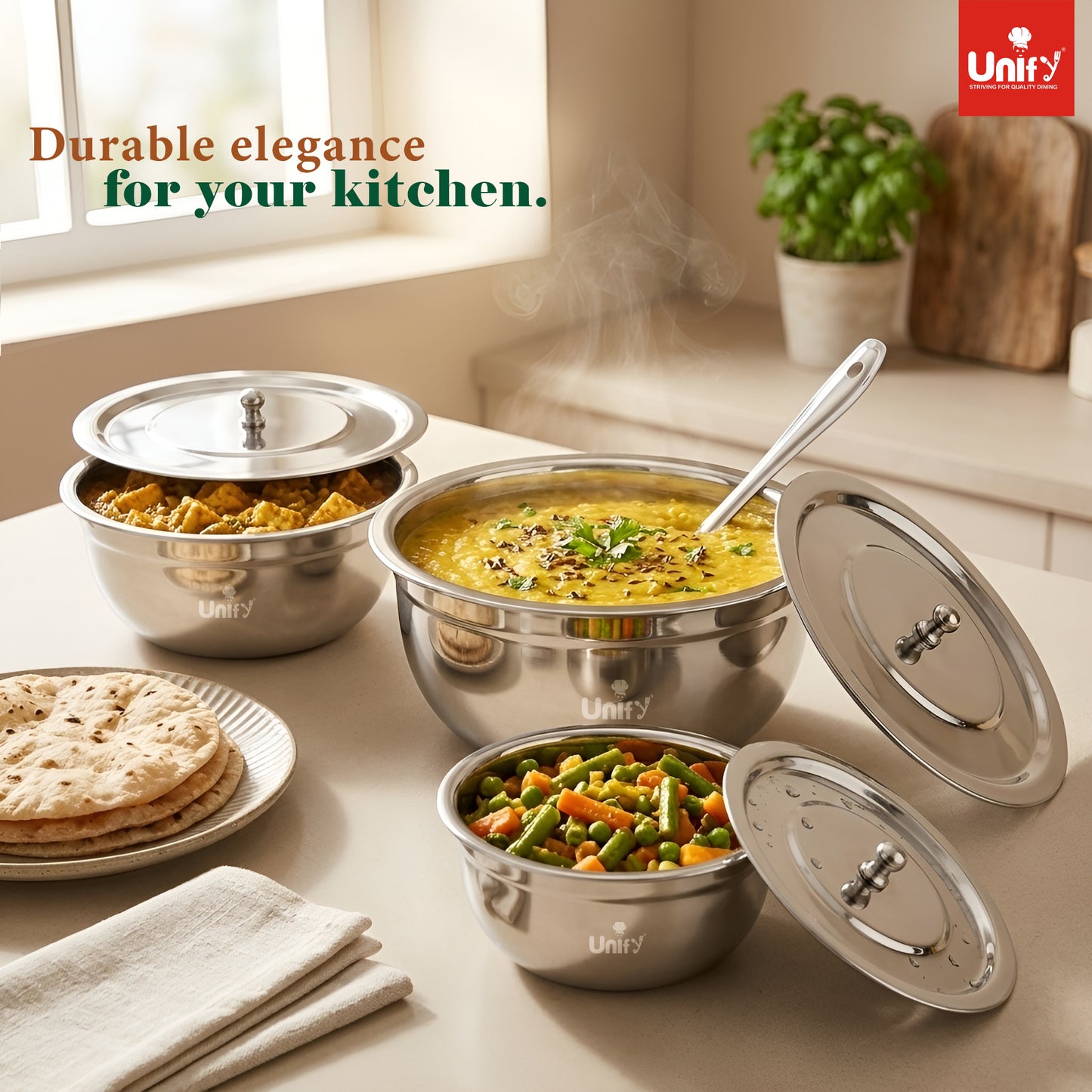 3 Pieces Stainless Steel Serving Bowl Set with Lid | Steel Serving, Storage & Mixing Bowls | Multipurpose Kitchen Prep Bowl | Mirror Finish Container for Dining & Storage (Silver)