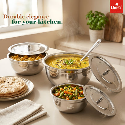 3 Pieces Stainless Steel Serving Bowl Set with Lid | Steel Serving, Storage & Mixing Bowls | Multipurpose Kitchen Prep Bowl | Mirror Finish Container for Dining & Storage (Silver)
