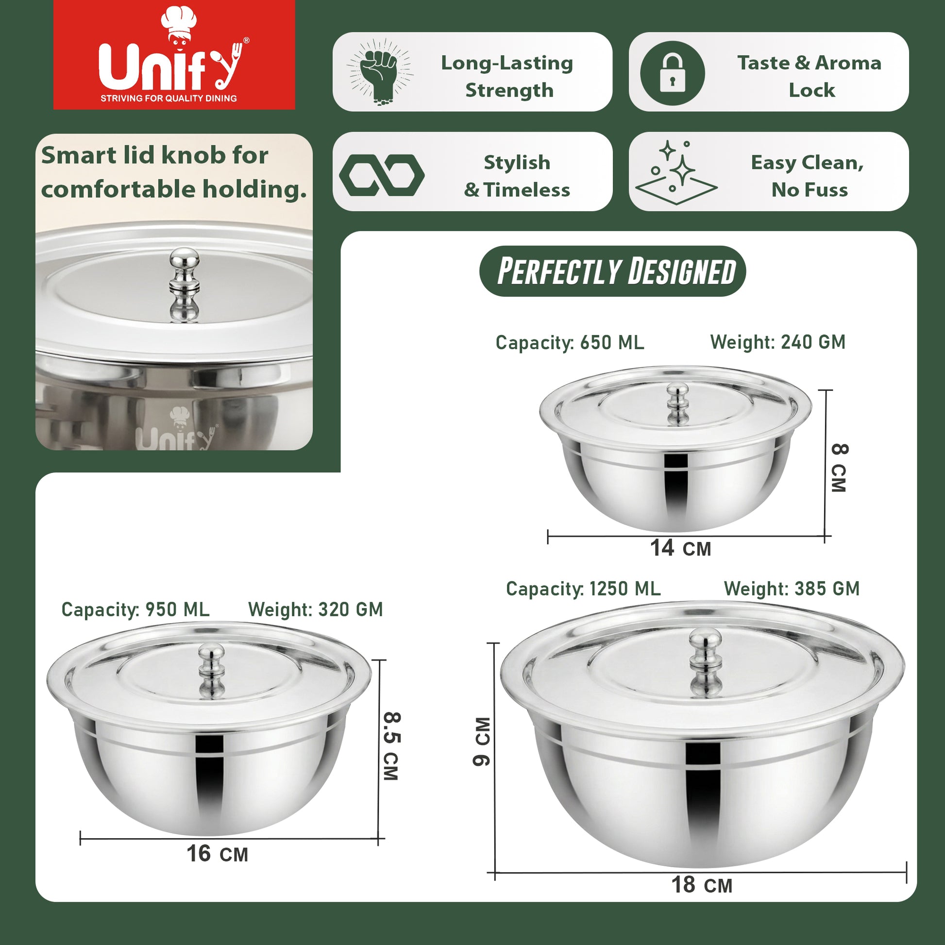 3 Pieces Stainless Steel Serving Bowl Set with Lid | Steel Serving, Storage & Mixing Bowls | Multipurpose Kitchen Prep Bowl | Mirror Finish Container for Dining & Storage (Silver)