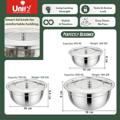 3 Pieces Stainless Steel Serving Bowl Set with Lid | Steel Serving, Storage & Mixing Bowls | Multipurpose Kitchen Prep Bowl | Mirror Finish Container for Dining & Storage (Silver)