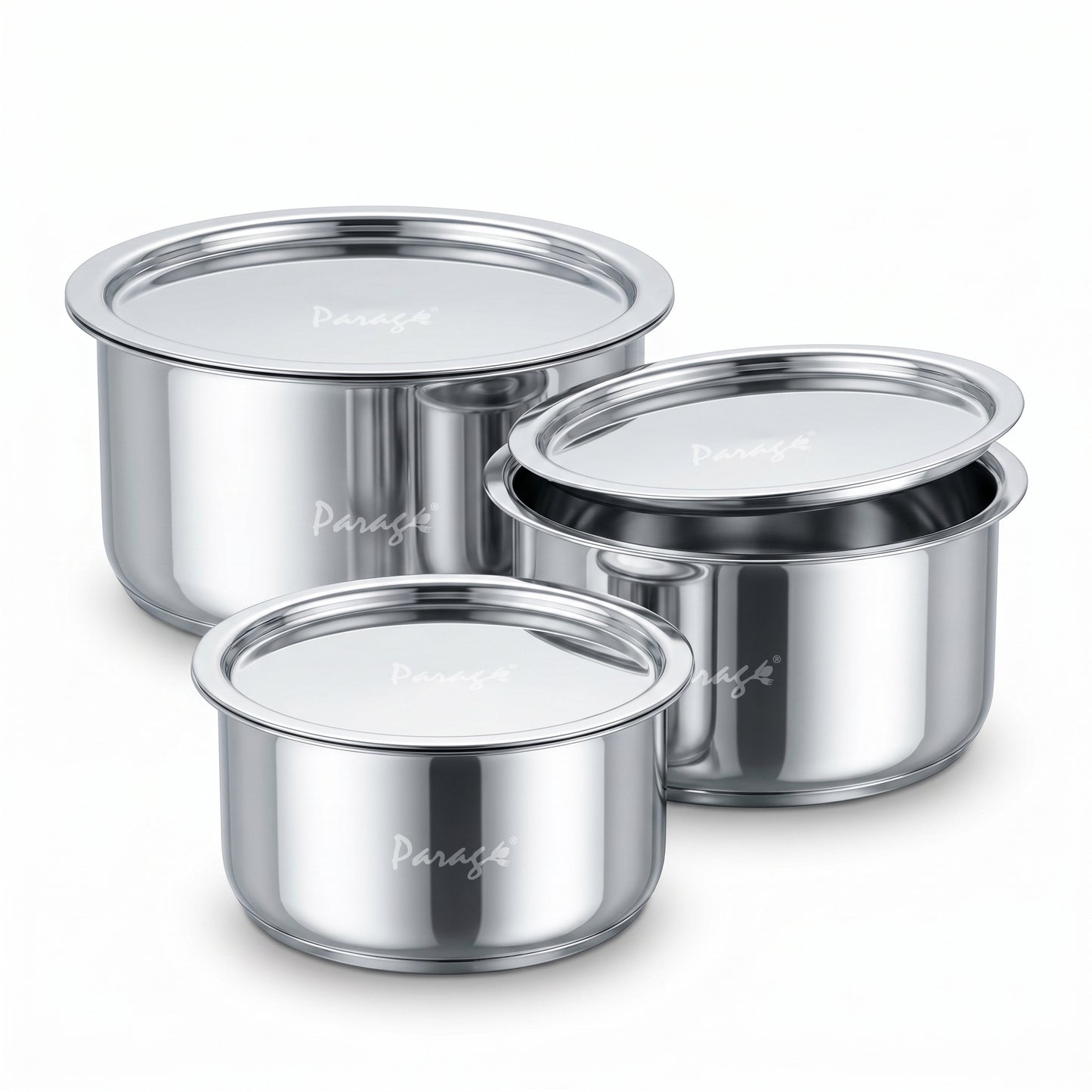 3 Pieces Stainless Steel Tope Set with Lid | 1 L, 1.3 L & 2 Liter | Induction Sandwich Bottom Patila Set for Gas Stove Kitchen | Heavy Steel Boiling Cooking Pots (Size No. 11, 12 & 13)