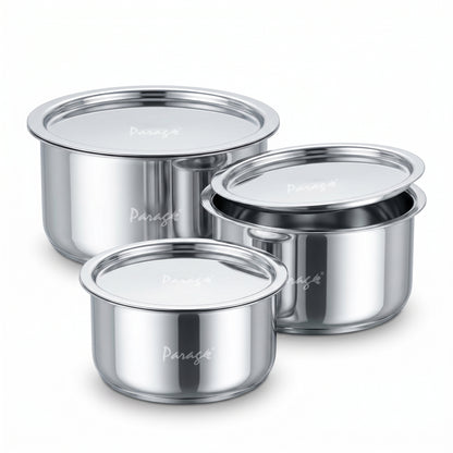 3 Pieces Stainless Steel Tope Set with Lid | 1 L, 1.3 L & 2 Liter | Induction Sandwich Bottom Patila Set for Gas Stove Kitchen | Heavy Steel Boiling Cooking Pots (Size No. 11, 12 & 13)