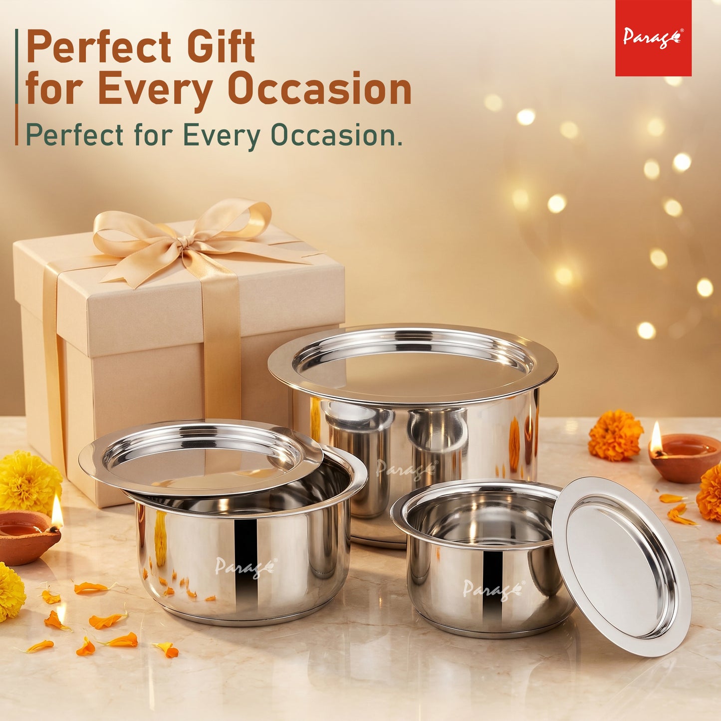 3 Pieces Stainless Steel Tope Set with Lid | 1 L, 1.3 L & 2 Liter | Induction Sandwich Bottom Patila Set for Gas Stove Kitchen | Heavy Steel Boiling Cooking Pots (Size No. 11, 12 & 13)