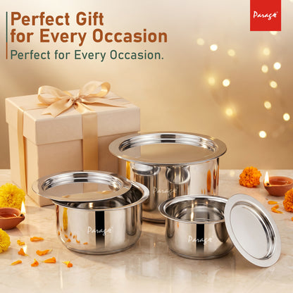3 Pieces Stainless Steel Tope Set with Lid | 1 L, 1.3 L & 2 Liter | Induction Sandwich Bottom Patila Set for Gas Stove Kitchen | Heavy Steel Boiling Cooking Pots (Size No. 11, 12 & 13)