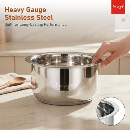 3 Pieces Stainless Steel Tope Set with Lid | 1 L, 1.3 L & 2 Liter | Induction Sandwich Bottom Patila Set for Gas Stove Kitchen | Heavy Steel Boiling Cooking Pots (Size No. 11, 12 & 13)