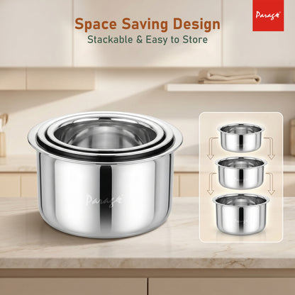 3 Pieces Stainless Steel Tope Set with Lid | 1 L, 1.3 L & 2 Liter | Induction Sandwich Bottom Patila Set for Gas Stove Kitchen | Heavy Steel Boiling Cooking Pots (Size No. 11, 12 & 13)