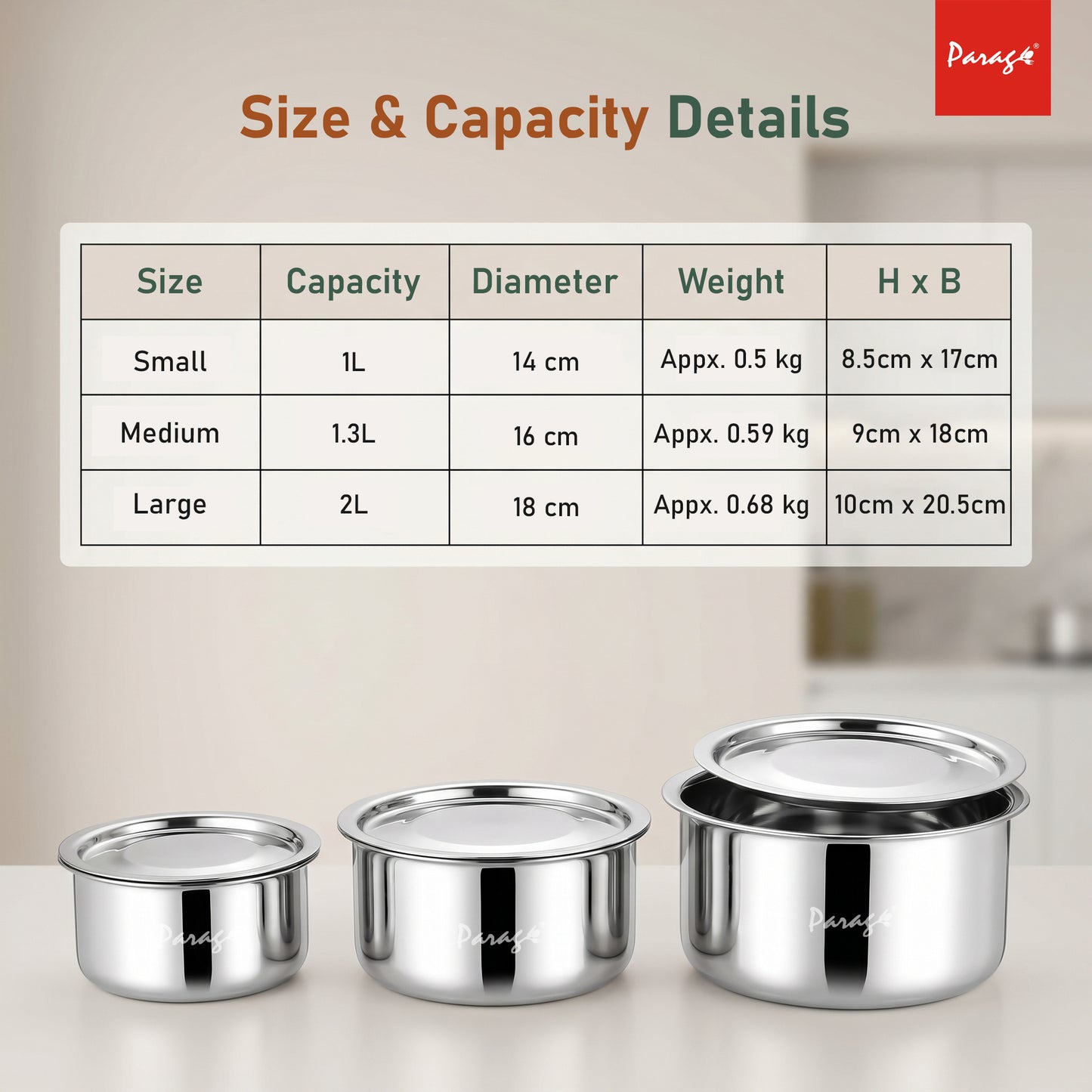 3 Pieces Stainless Steel Tope Set with Lid | 1 L, 1.3 L & 2 Liter | Induction Sandwich Bottom Patila Set for Gas Stove Kitchen | Heavy Steel Boiling Cooking Pots (Size No. 11, 12 & 13)