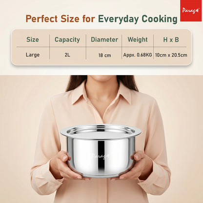 Stainless Steel Tope with Lid 2 Litre | Heavy Container Induction Bottom Patila | Gas & Induction Compatible | Steel Cooking Pot for Tea, Milk, Dal & Kitchen Daily Use
