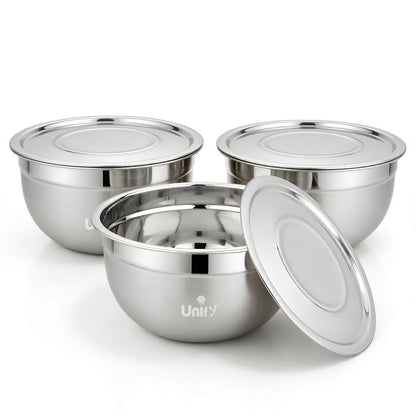 3 Pieces Stainless Steel Serving Bowl Set with Lid | Steel Mixing Big Bowls | Matt Finish, Kitchen Prep, Salad, Fruit, Desert & Storage Containers | Steel Bowl Set for Kitchen & Dining Use