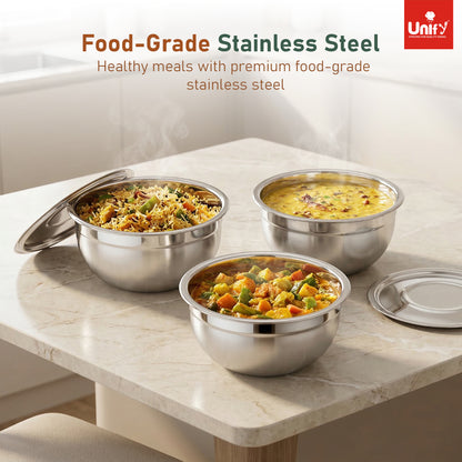 3 Pieces Stainless Steel Serving Bowl Set with Lid | Steel Mixing Big Bowls | Matt Finish, Kitchen Prep, Salad, Fruit, Desert & Storage Containers | Steel Bowl Set for Kitchen & Dining Use