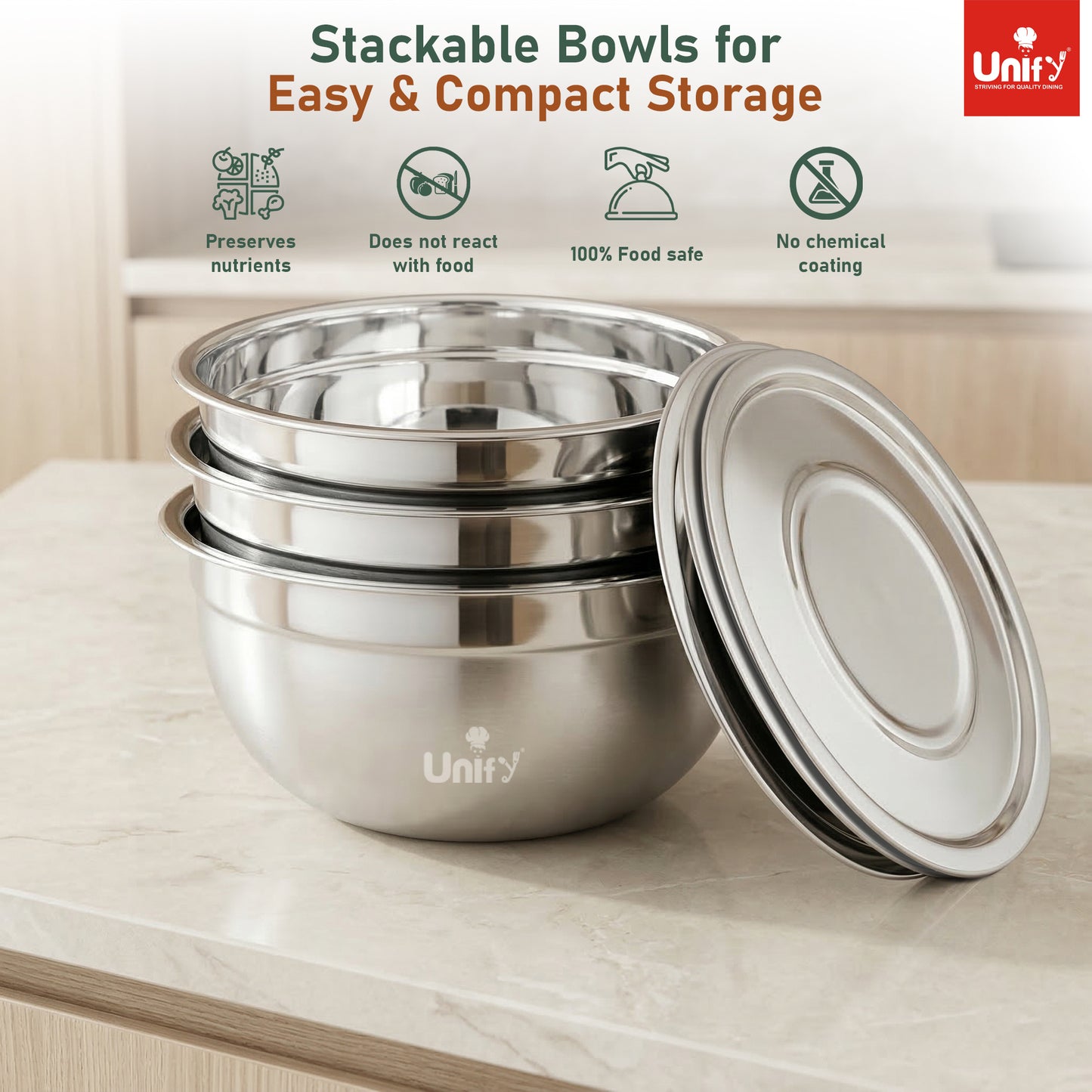 3 Pieces Stainless Steel Serving Bowl Set with Lid | Steel Mixing Big Bowls | Matt Finish, Kitchen Prep, Salad, Fruit, Desert & Storage Containers | Steel Bowl Set for Kitchen & Dining Use