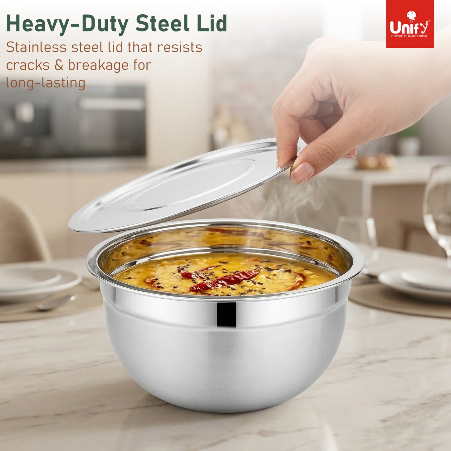 3 Pieces Stainless Steel Serving Bowl Set with Lid | Steel Mixing Big Bowls | Matt Finish, Kitchen Prep, Salad, Fruit, Desert & Storage Containers | Steel Bowl Set for Kitchen & Dining Use