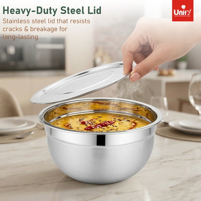 3 Pieces Stainless Steel Serving Bowl Set with Lid | Steel Mixing Big Bowls | Matt Finish, Kitchen Prep, Salad, Fruit, Desert & Storage Containers | Steel Bowl Set for Kitchen & Dining Use