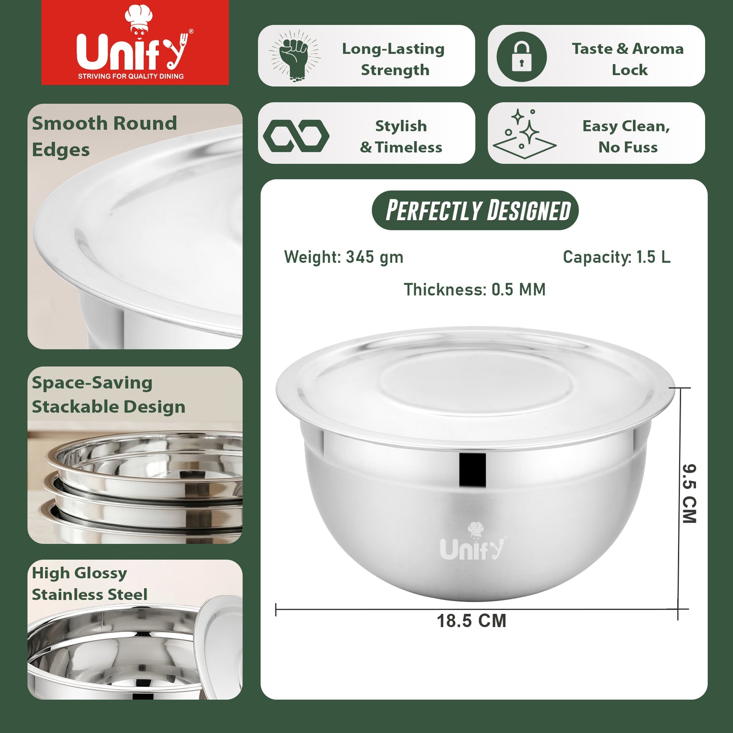 3 Pieces Stainless Steel Serving Bowl Set with Lid | Steel Mixing Big Bowls | Matt Finish, Kitchen Prep, Salad, Fruit, Desert & Storage Containers | Steel Bowl Set for Kitchen & Dining Use