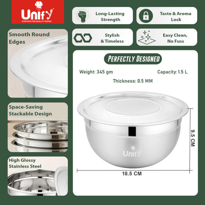 3 Pieces Stainless Steel Serving Bowl Set with Lid | Steel Mixing Big Bowls | Matt Finish, Kitchen Prep, Salad, Fruit, Desert & Storage Containers | Steel Bowl Set for Kitchen & Dining Use