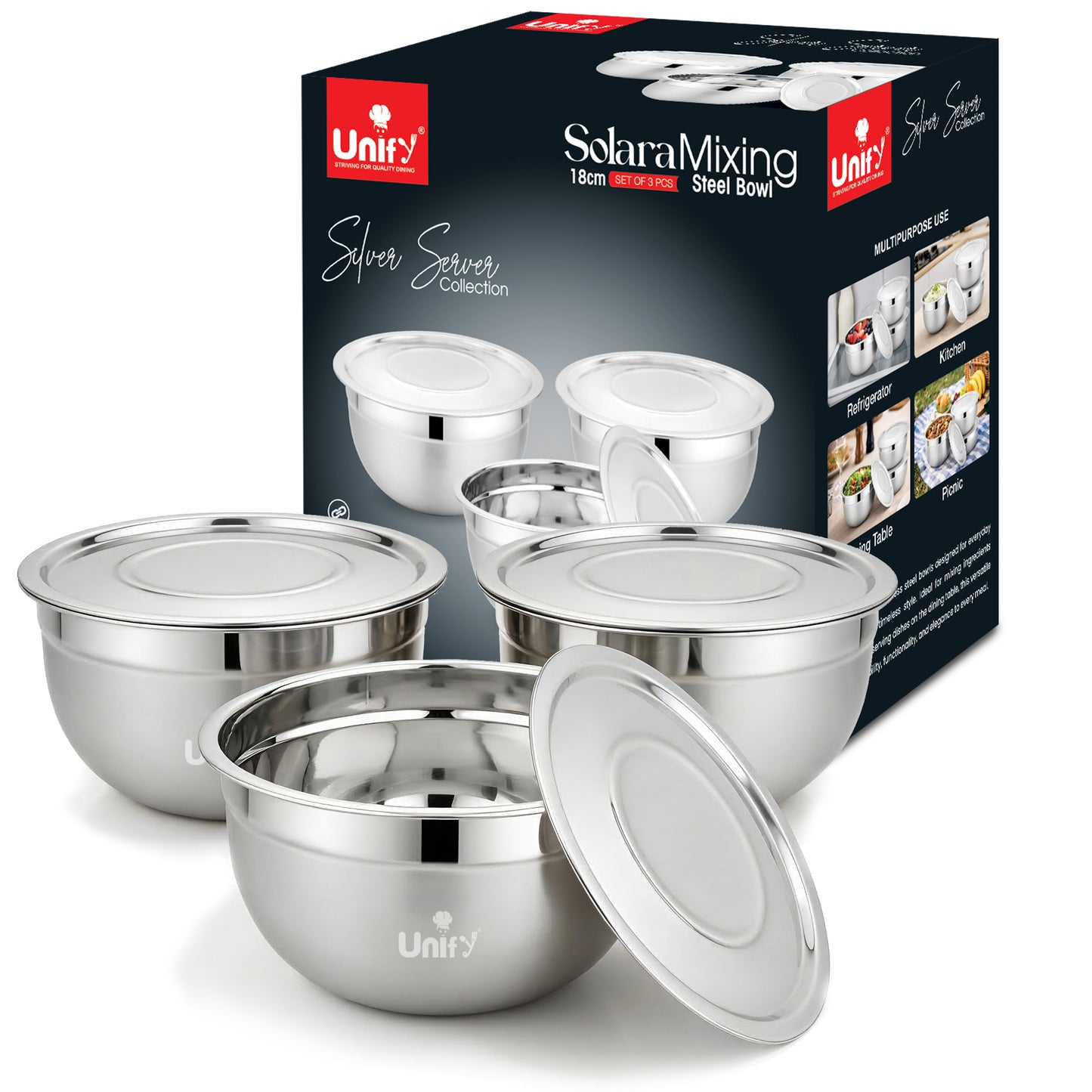 3 Pieces Stainless Steel Serving Bowl Set with Lid | Steel Mixing Big Bowls | Matt Finish, Kitchen Prep, Salad, Fruit, Desert & Storage Containers | Steel Bowl Set for Kitchen & Dining Use