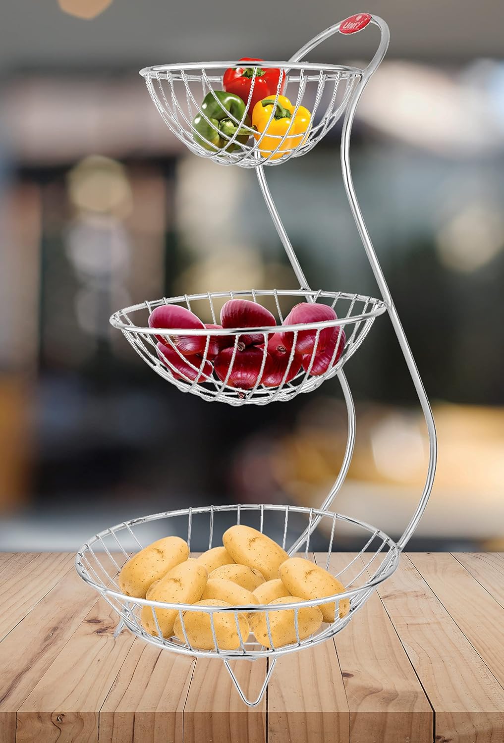 Stainless Steel 3-Tier Fruit Basket | Kitchen & Dining Table Fruit & Vegetable Storage Rack (Silver)