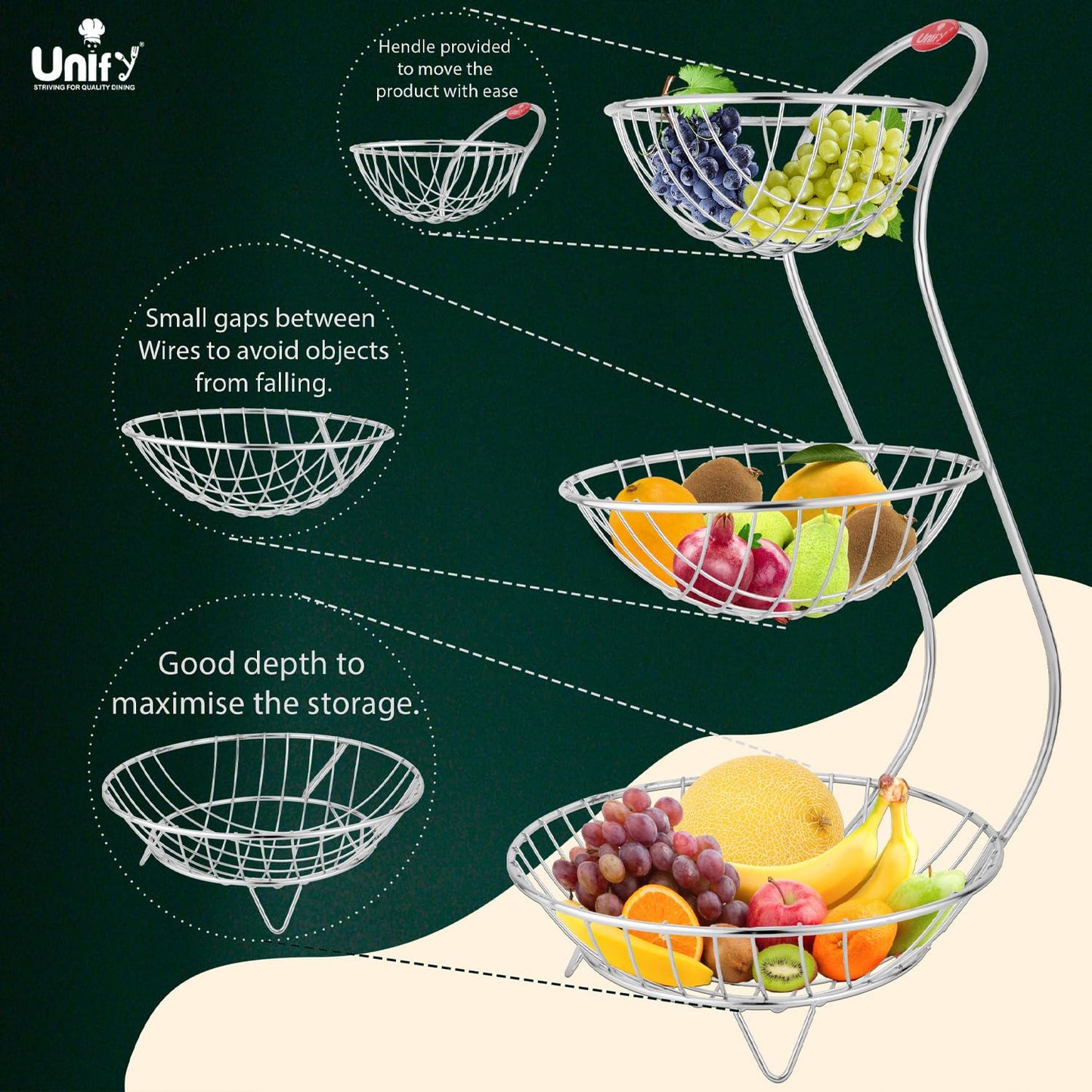 Stainless Steel 3-Tier Fruit Basket | Kitchen & Dining Table Fruit & Vegetable Storage Rack (Silver)