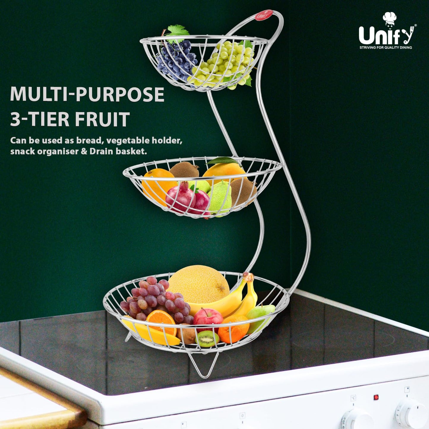 Stainless Steel 3-Tier Fruit Basket | Kitchen & Dining Table Fruit & Vegetable Storage Rack (Silver)