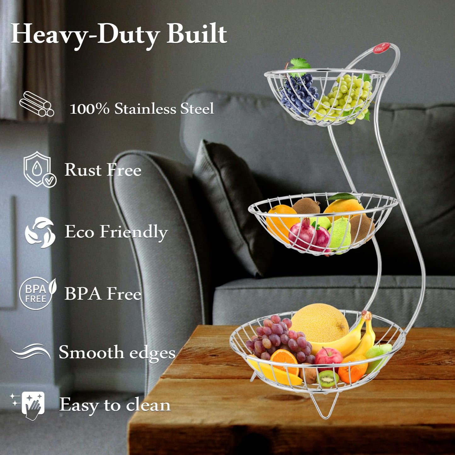 Stainless Steel 3-Tier Fruit Basket | Kitchen & Dining Table Fruit & Vegetable Storage Rack (Silver)