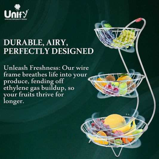 Stainless Steel 3-Tier Fruit Basket | Kitchen & Dining Table Fruit & Vegetable Storage Rack (Silver)