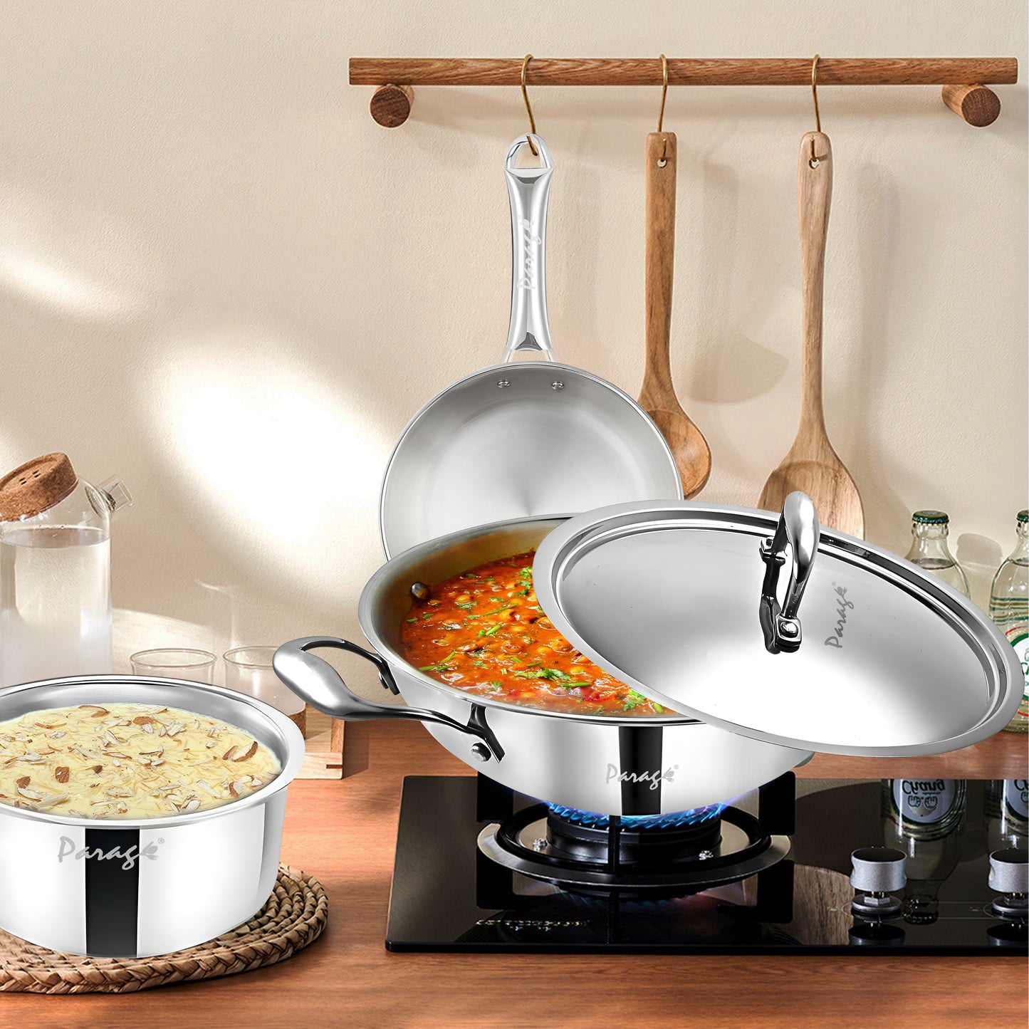 Stainless Steel Cookware Set | 24cm Kadhai with Lid, 24cm Frypan & 16cm Saucepan, Induction & Gas Compatible, Even Heat, Dishwasher Safe, 5-Year Warranty