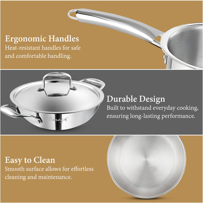 Stainless Steel Cookware Set | 24cm Kadhai with Lid, 24cm Frypan & 16cm Saucepan, Induction & Gas Compatible, Even Heat, Dishwasher Safe, 5-Year Warranty