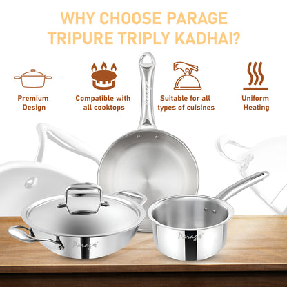 Stainless Steel Cookware Set | 24cm Kadhai with Lid, 24cm Frypan & 16cm Saucepan, Induction & Gas Compatible, Even Heat, Dishwasher Safe, 5-Year Warranty