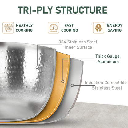 1 Piece Tripure Tri-Ply Hammered Stainless Steel Kadhai 24 cm | ISI Mark Certified | 2.6 LTR Deep Kadhai for Induction & Gas Stove | Even Heat Distribution, Non-Reactive, Heavy Bottom Cookware