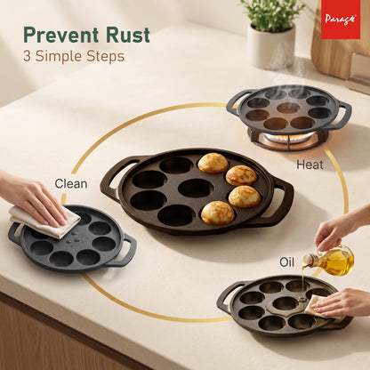 Cast Iron Paniyaram Appe Pan, 9 Pits, Appam Maker & Paniyaram Tawa, Heavy Duty Naturally Non-Stick Cast Iron Cookwar – Parage