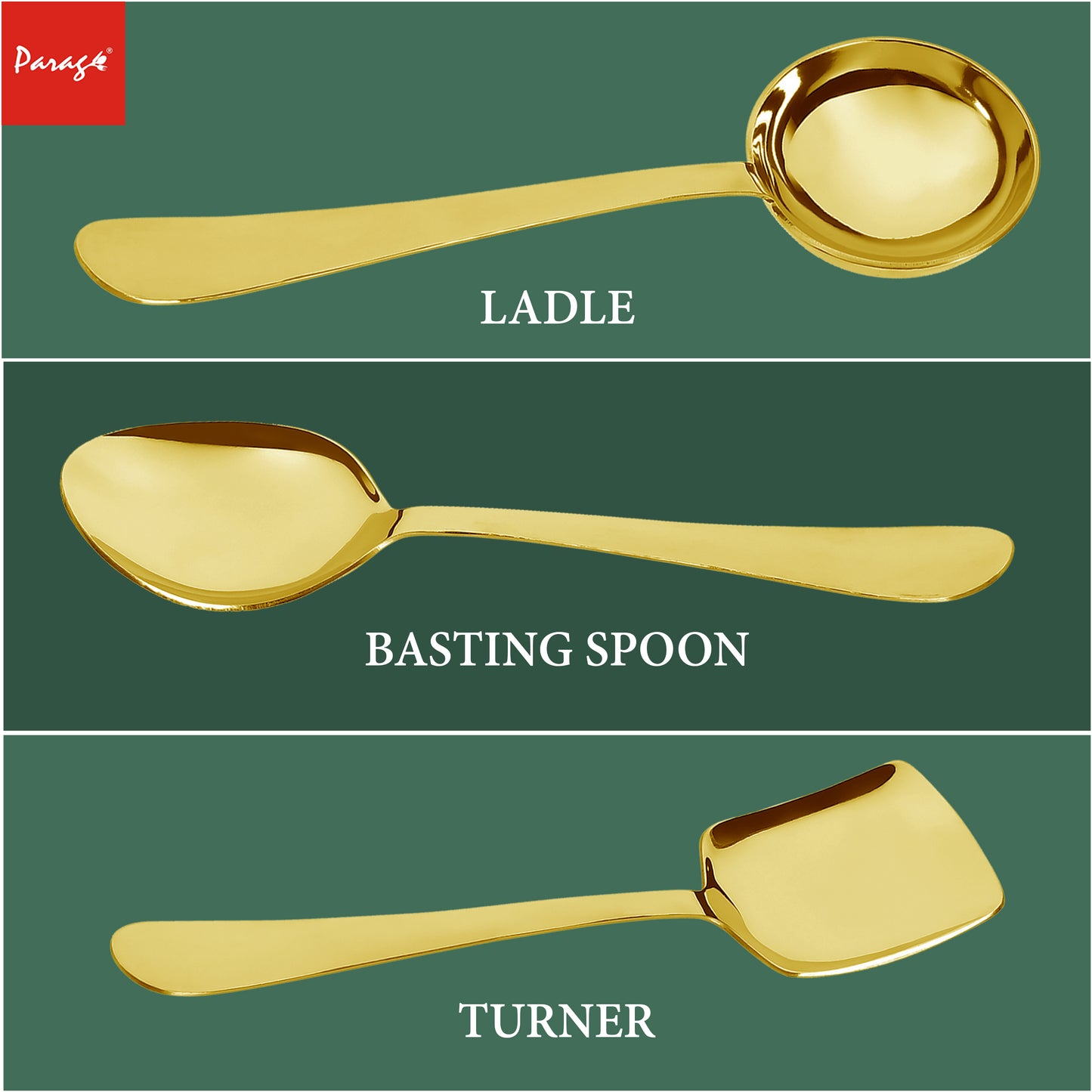 3-Piece Stainless Steel Golden Serving Spoons Set for Kitchen/Dining Table - Heavy Gauge PVD Gold (Soup Ladle, Solid Spoon, Rice Spoon)