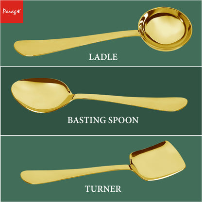 3-Piece Stainless Steel Golden Serving Spoons Set for Kitchen/Dining Table - Heavy Gauge PVD Gold (Soup Ladle, Solid Spoon, Rice Spoon)