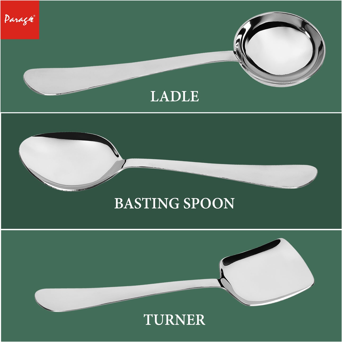 3-Piece Stainless Steel Serving Spoon Set | Heavy Gauge 1.8mm, 1 Soup, 1 Solid & 1 Rice Spoons (Silver)