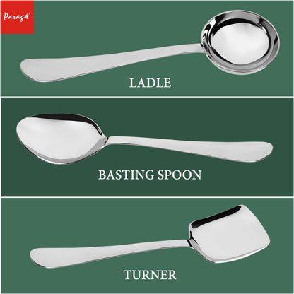 3-Piece Stainless Steel Serving Spoon Set | Heavy Gauge 1.8mm, 1 Soup, 1 Solid & 1 Rice Spoons (Silver)